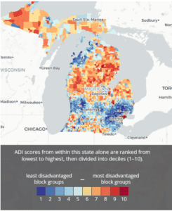 Social risk adjustment map of Michigan